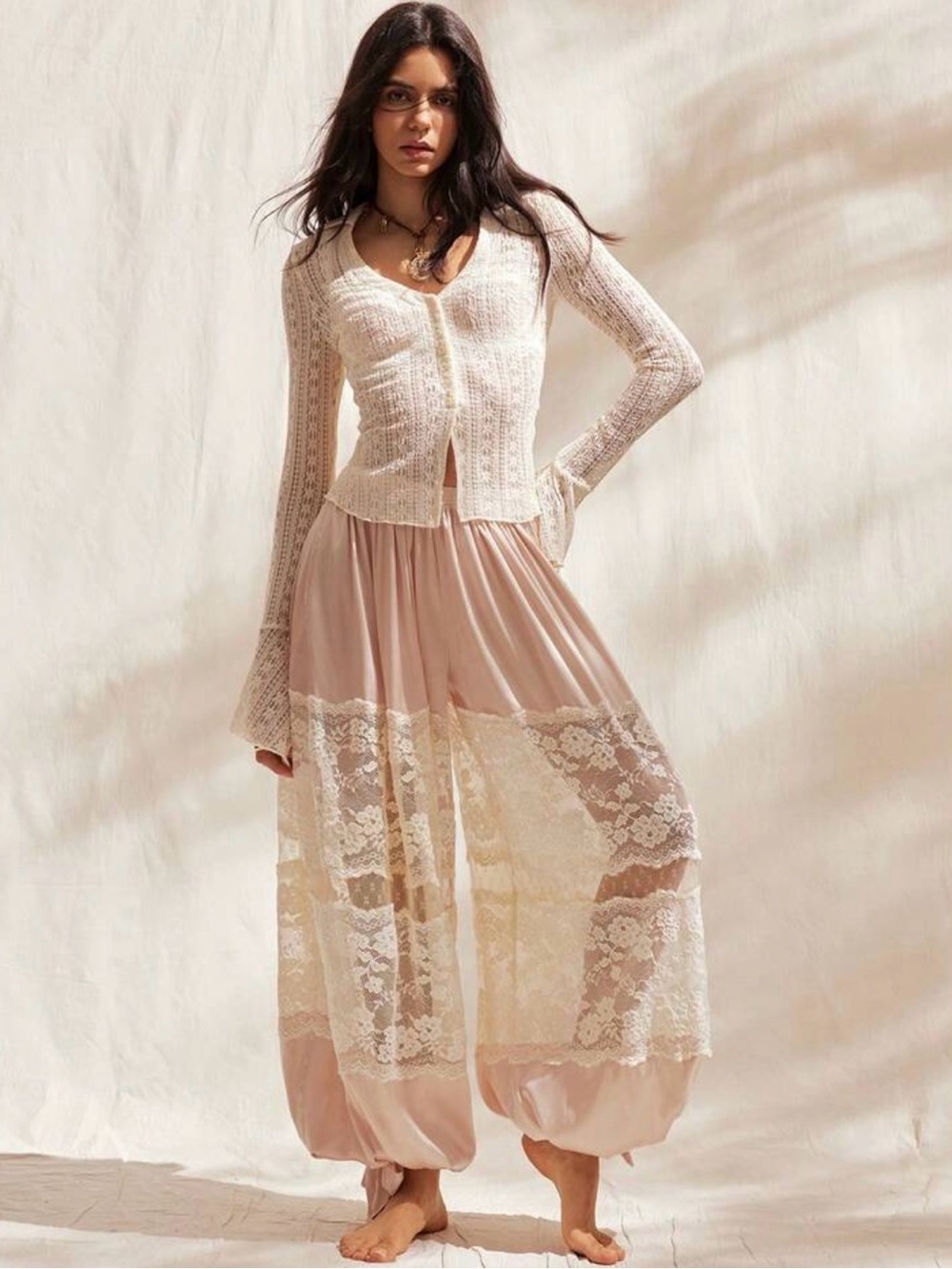 Boho Lace Panel Wide-Leg jogger pants in Blush Cream